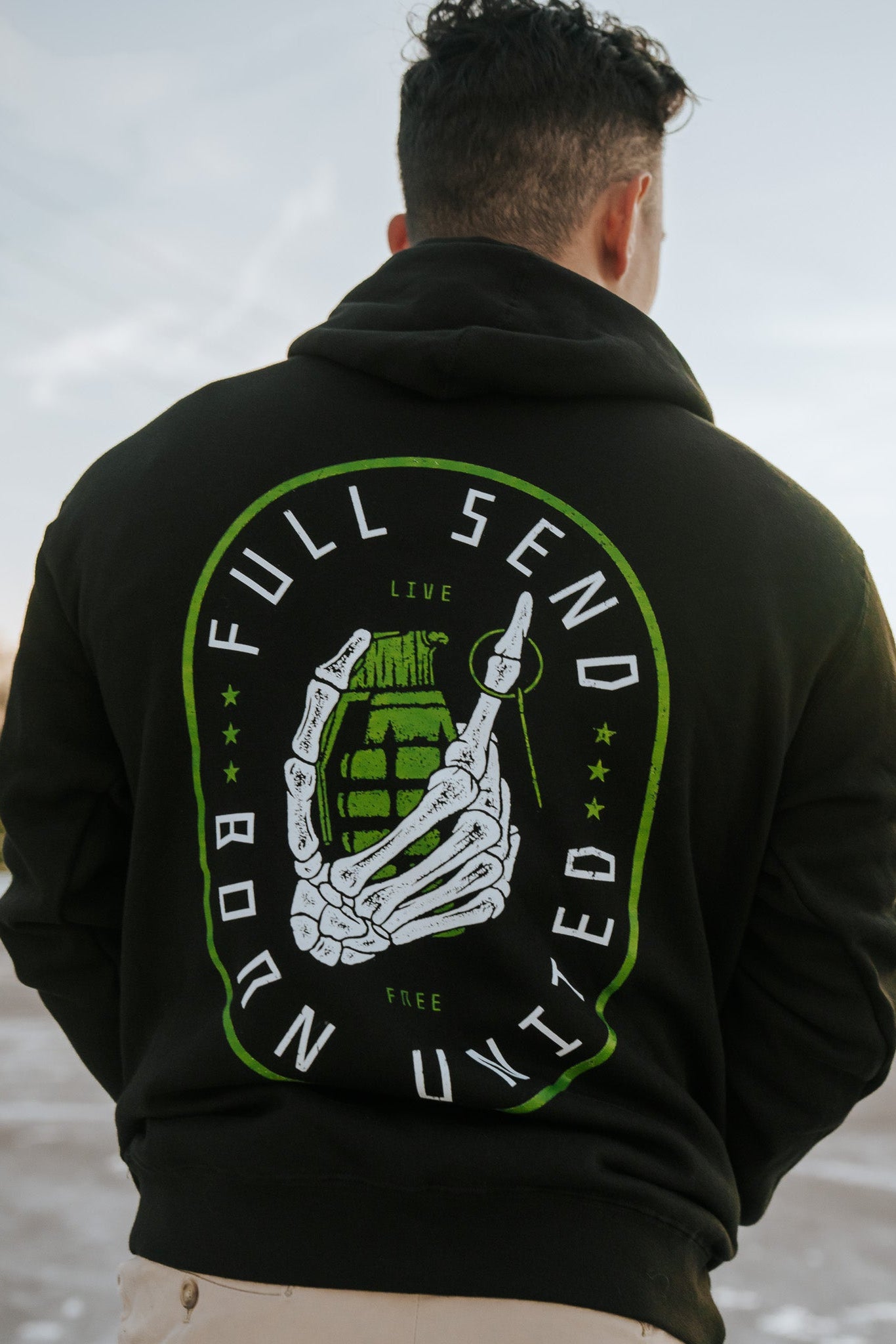 born united - full send hoodie back on model