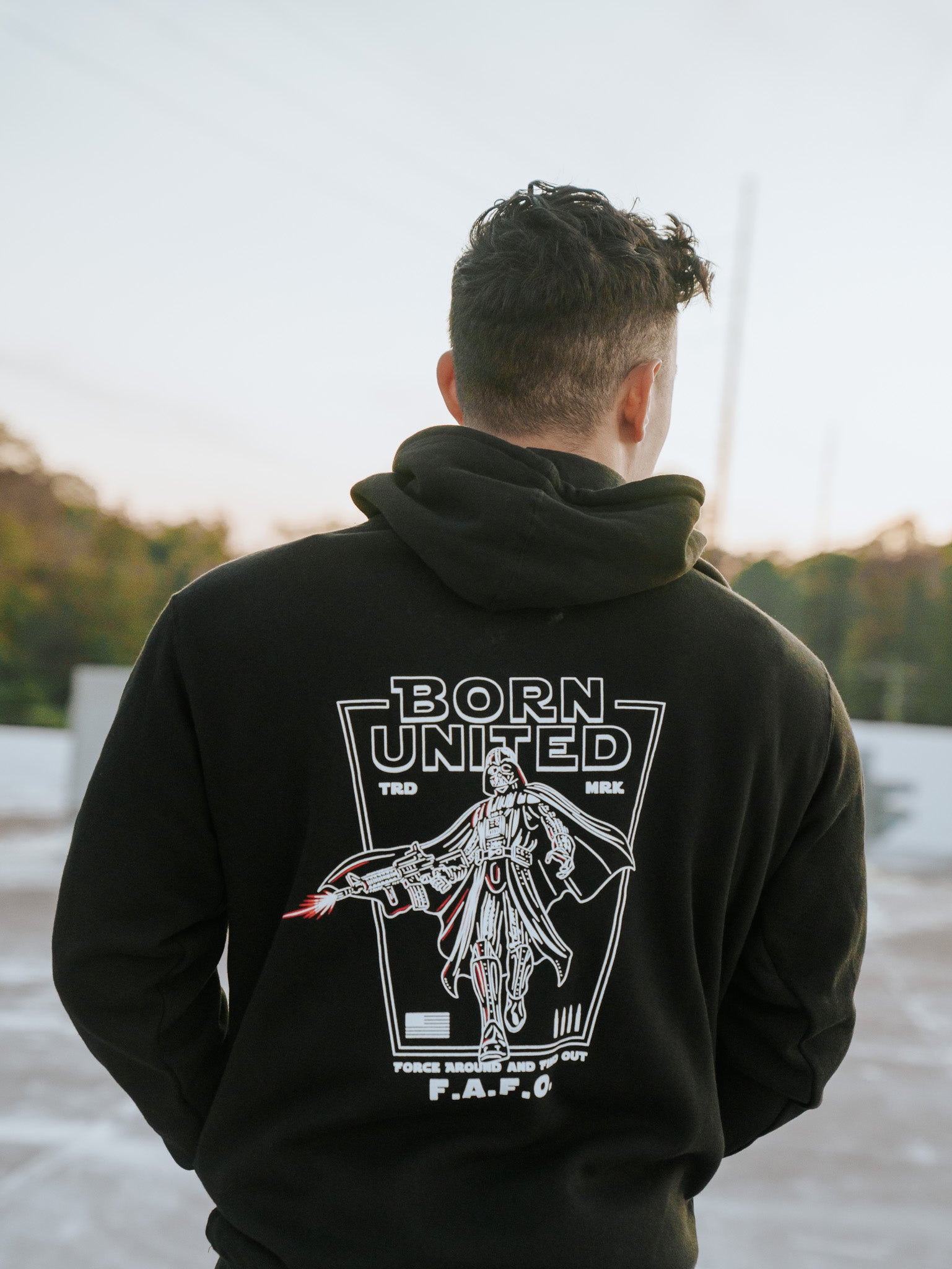 born united - vader fafo hoodie back on model