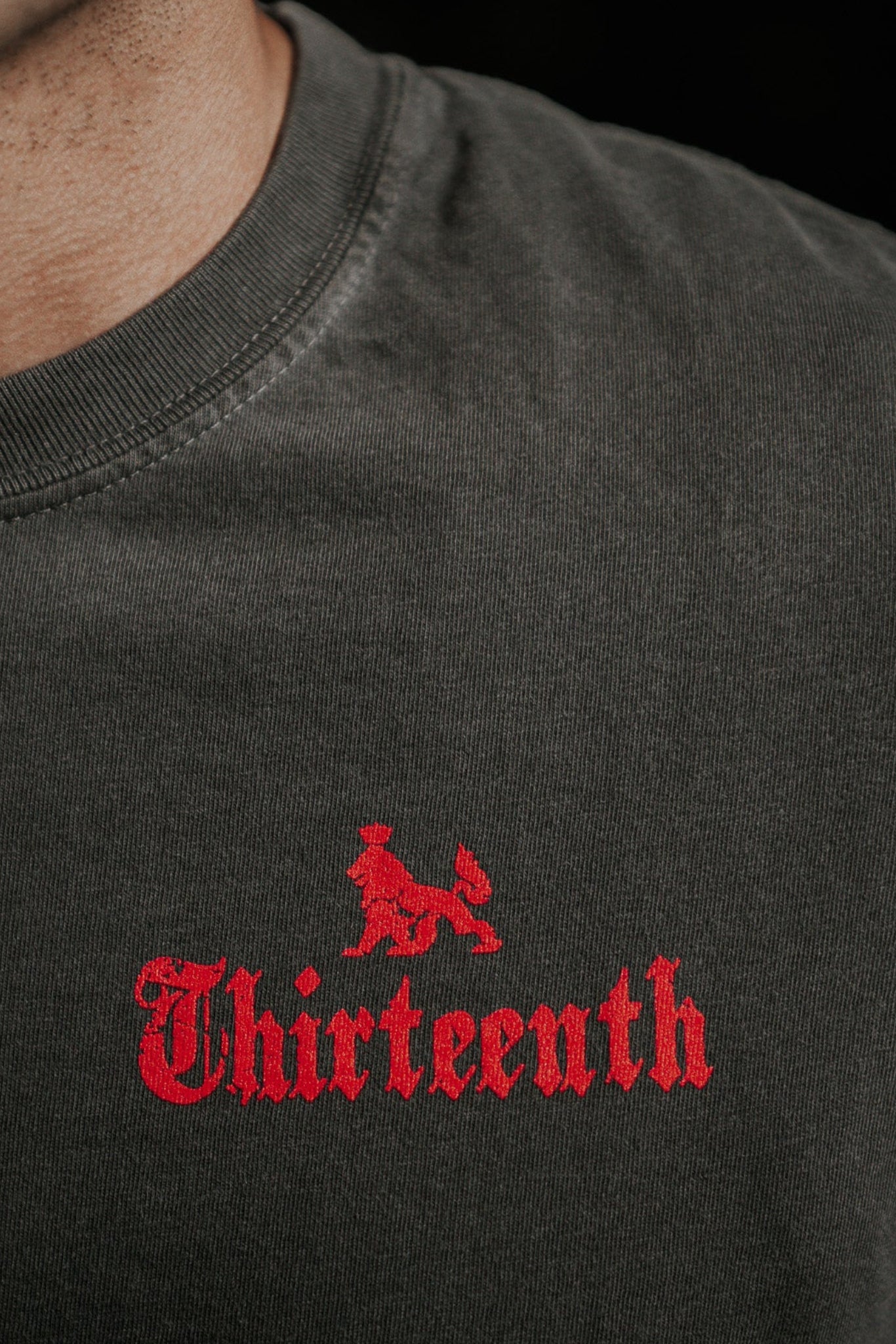A close-up captures someone in a dark shirt, featuring Thirteenth in red Gothic font and a graphic of King David on horseback. Only the neck and chin are visible against a dark backdrop, embodying strength. Its the Conquerors Premium Tee by 13th.