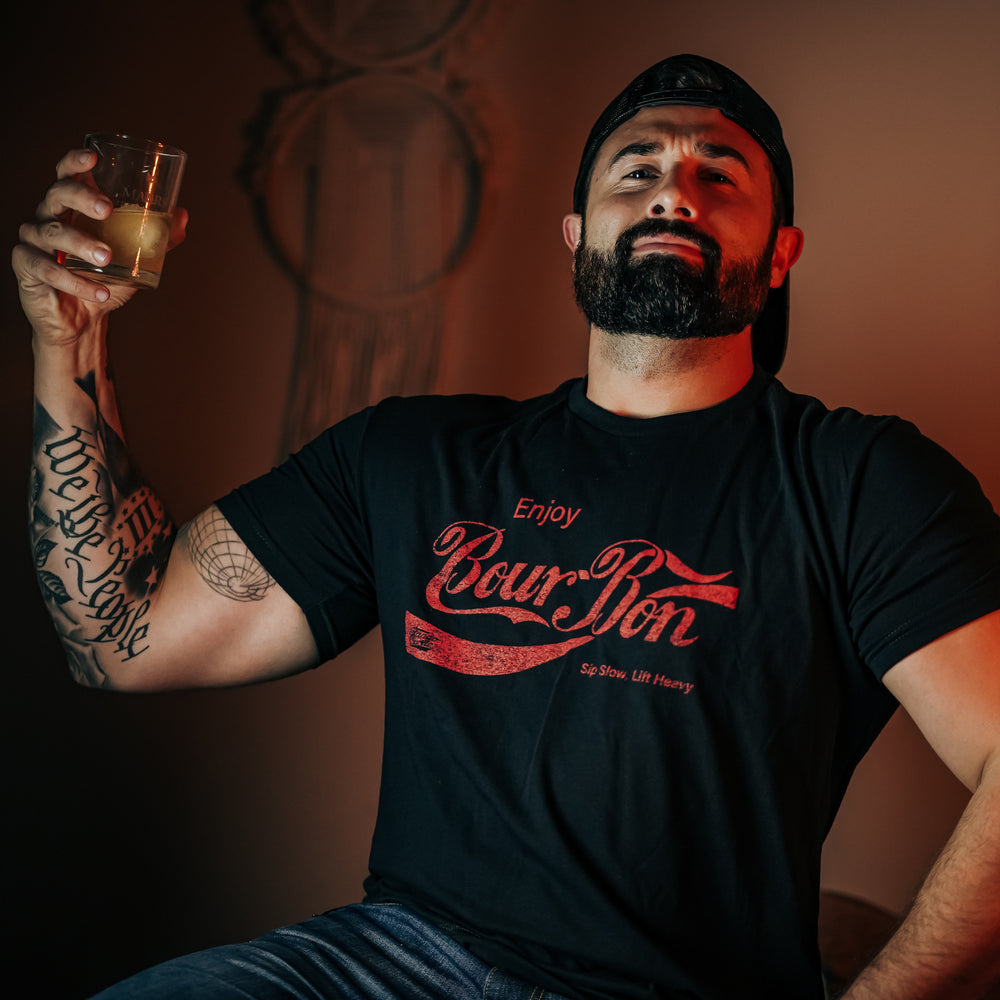 tango charlie - bourbon sip slow, lift heavy black t-shirt on model