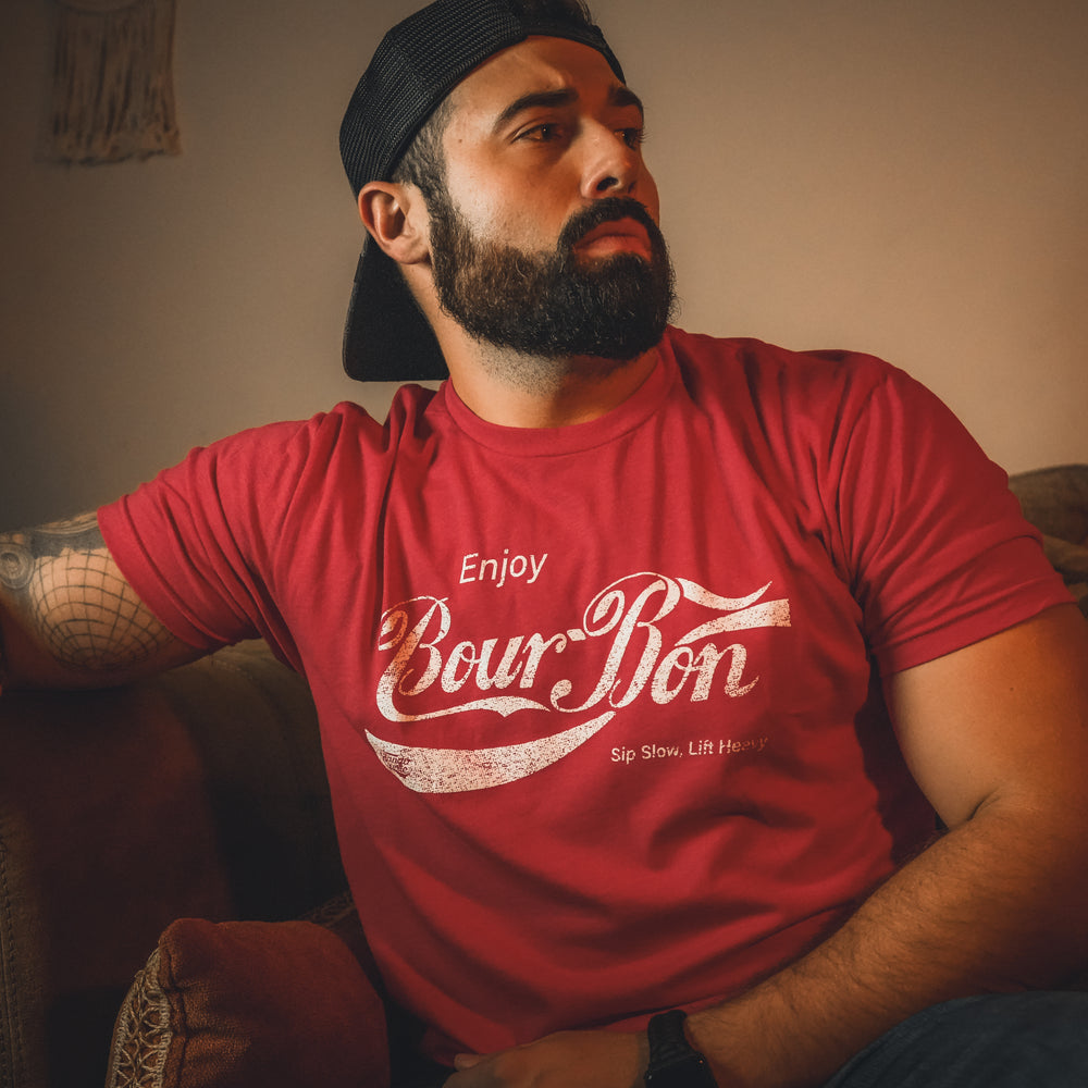 tango charlie - bourbon sip slow, lift heavy red tee shirt on model