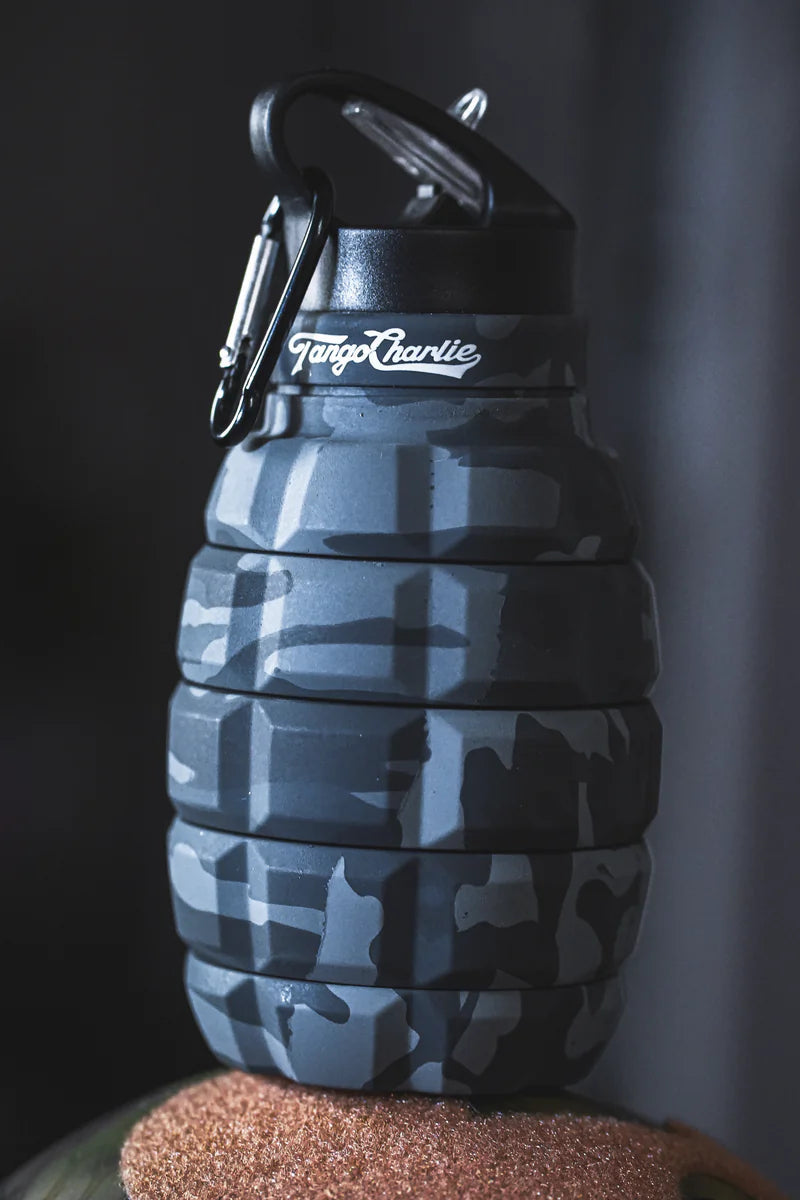 tango charlie - humble and hydrated water bottle grenade black camo