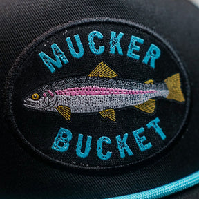 mucker bucket - rainbow trout bucket hat patch detail