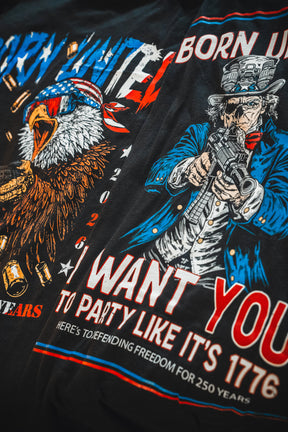 The Born United Patriot Box by Born United Private Label features two limited edition graphic tees—an eagle in USA flag shades and Uncle Sam with guns, "Born United" and "Party like it’s 1776"—celebrating America’s 250th Birthday with bold, patriotic style.