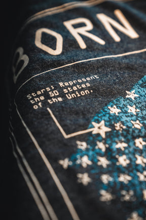Close-up of a fabric from Born United Private Label’s Born United Patriot Box, showcasing printed text and a partial star pattern. The visible text states, “Stars: Represent the 50 states of the Union,” with part of "BORN" also shown at the top.