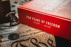The Born United Patriot Box by Born United Private Label features “250 Years of Freedom 1776 - 2026” with patriotic items like a U.S. Constitution replica, a coin, and stickers—perfect for celebrating America’s 250th Birthday.
