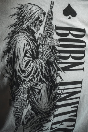 A black-and-white illustration of a grim reaper wielding a rifle, evoking dark aesthetics and wartime symbolism, is featured alongside the words “BORN UNITED” and a spade emblem—distinctly referencing the iconic Death Card tee by Born United Private Label.
