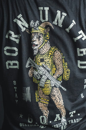 Show off your patriotic spirit with the Born United Private Label G.O.A.T. statement tee—featuring a bold graphic of a goat in tactical gear holding a rifle, alongside the text “BORN UNITED G.O.A.T. Guardian of American Tradition” and an American flag on classic black.