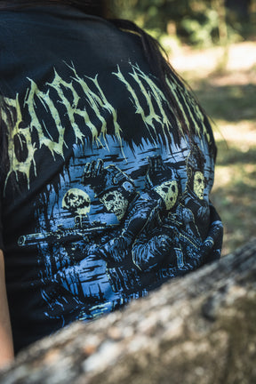 Born United Private Label Operation Nightmare Tee - Glow in the Dark: a premium black cotton t-shirt with a graphic of three figures in tactical gear and helmets, a stylized skull, and text at the top.