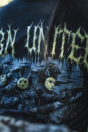 Black Operation Nightmare Tee - Glow in the Dark cotton t-shirt featuring a graphic of three figures in tactical gear wearing horror-style masks, with stylized lettering above.