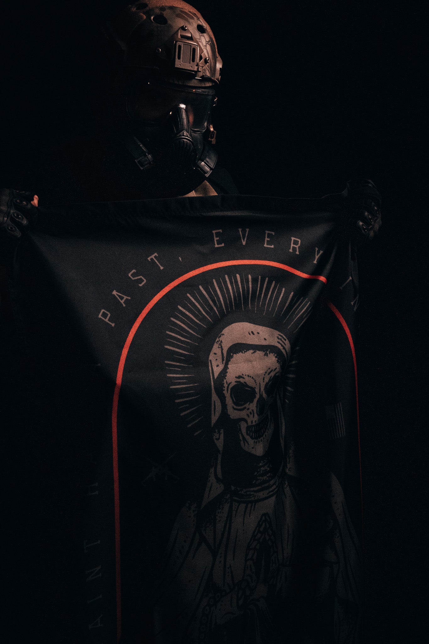 born united - saints and sinners flag held by model