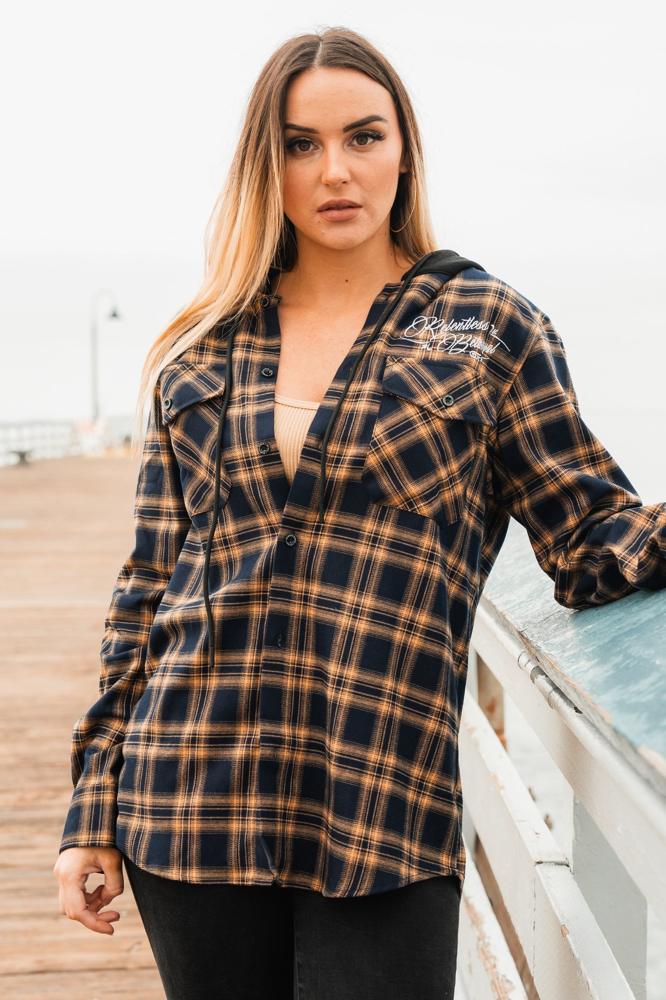 relentless betrayal - skilled sailor premium hooded flannel on model