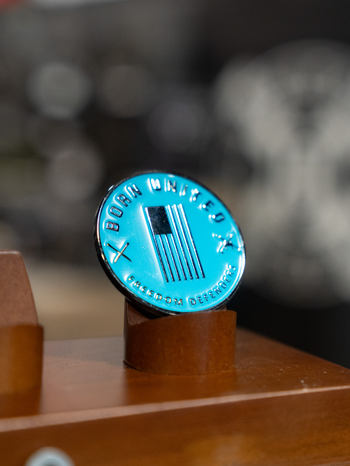 The Born United Private Label Shallows Challenge Coin features an American flag, crossed swords, and “Born United” and “Freedom Defender,” standing upright on a wooden stand—a reminder to never ask, "Bury me in the shallows.