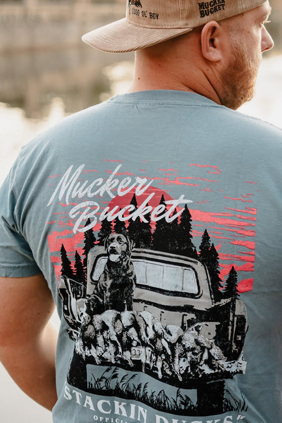mucker bucket - stackin' ducks tee shirt back closeup