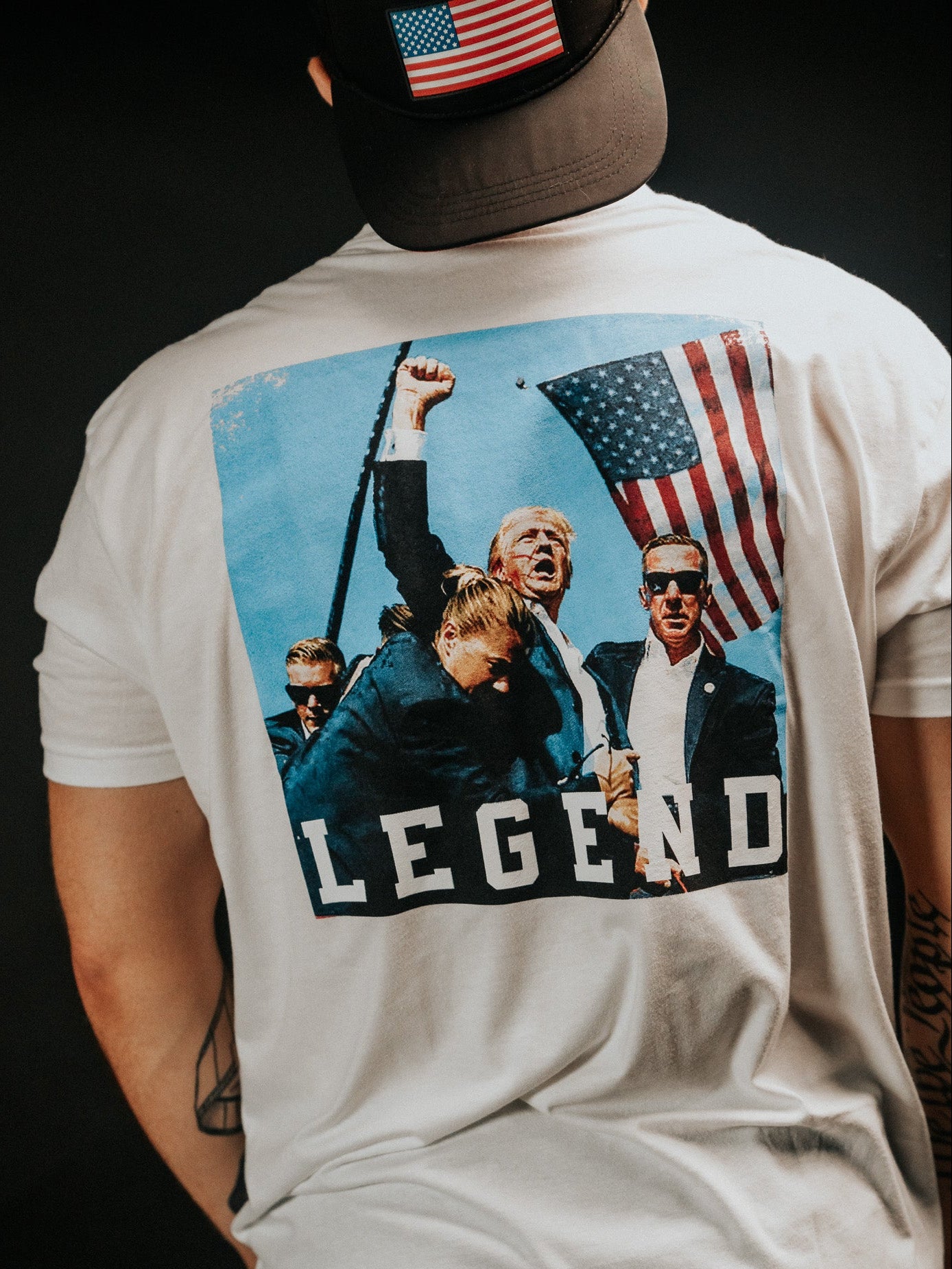 born united - forever legend white trump tee on model