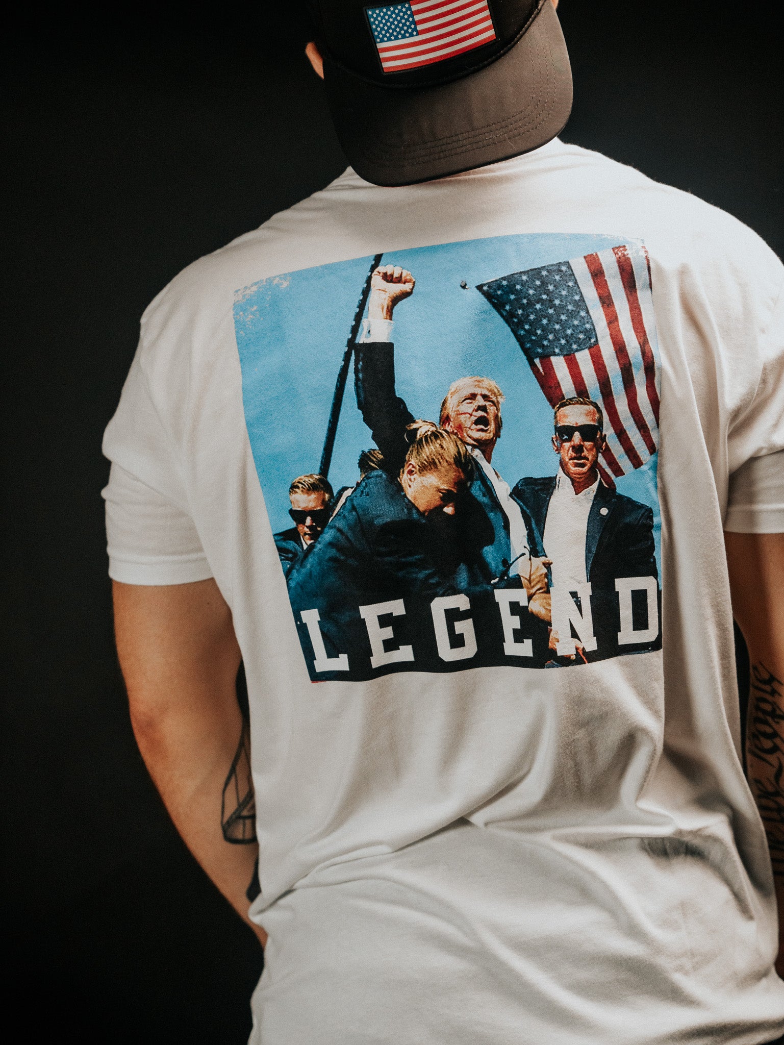 born united - forever legend white trump tee on model