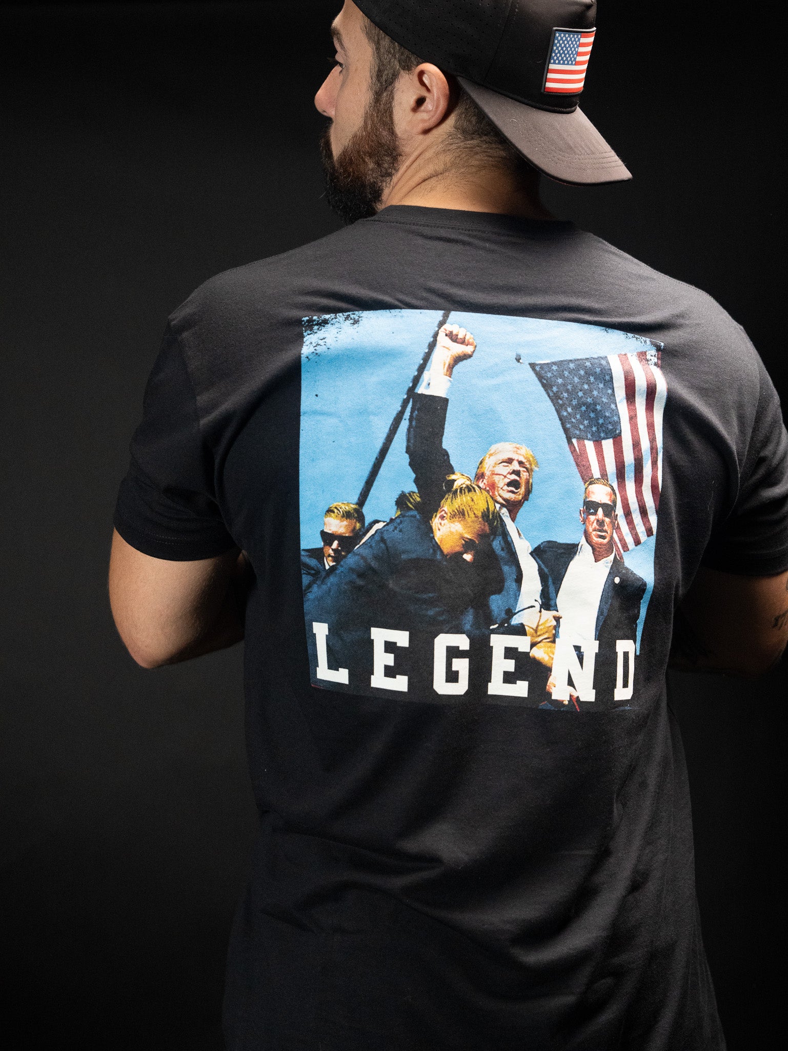 born united - forever legend black trump tee shirt on model