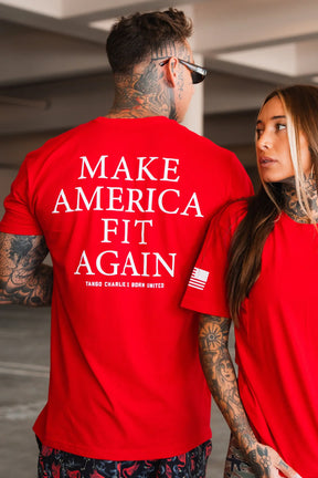Two tattooed individuals wear Tango Charlie Apparel's "Make America Fit Again" tee and a red shirt with an American flag patch, celebrating preventive care and wellness.
