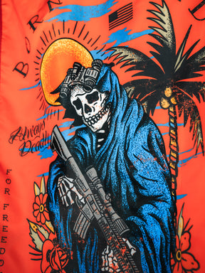 The Always Deadly Flag by Born United Private Label features a skeleton in a blue cloak with a rifle, framed by an orange sun, palm trees, flowers, and stylized "Always Deadly" and "For Freedom" text on a vivid background.