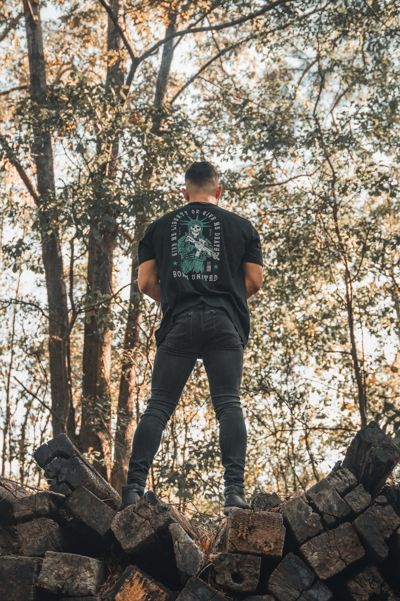 born united - black liberty or death t-shirt on model