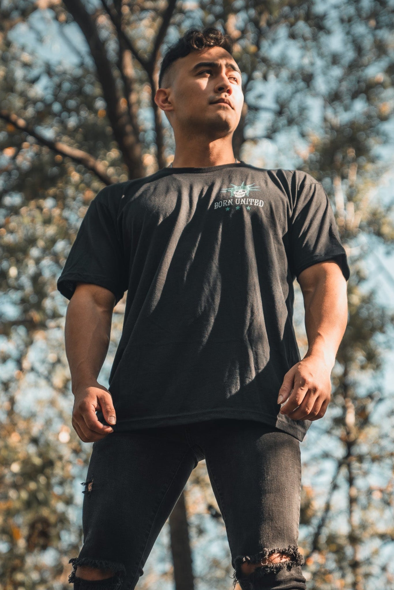 born united - black liberty or death tee shirt on model