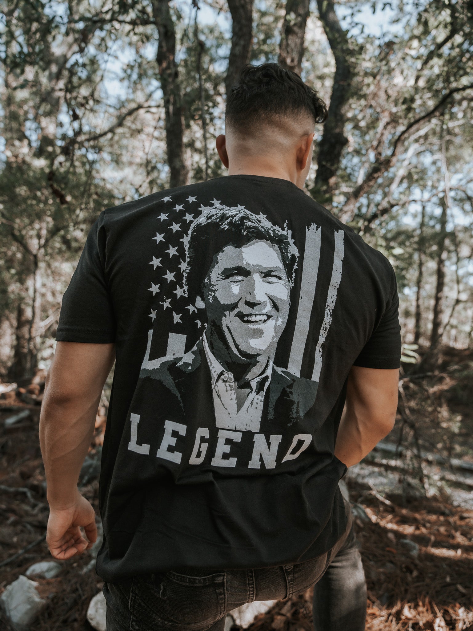 born united - tucker carlson legend back t-shirt on model