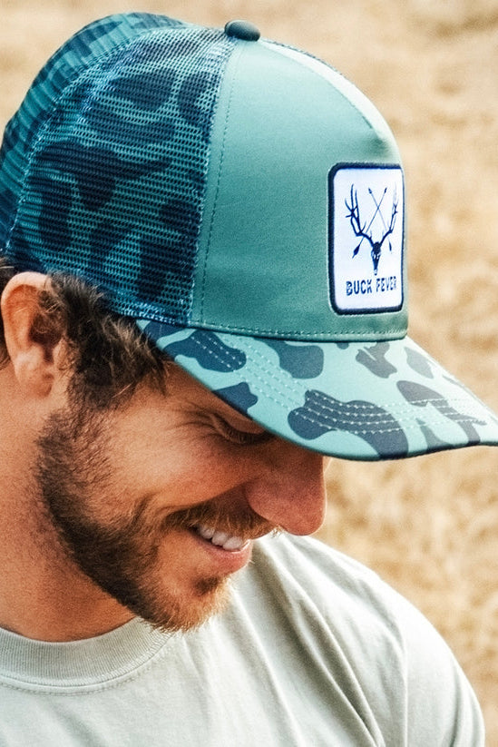 mucker bucket - "buck fever" camo trucker bucket hat side