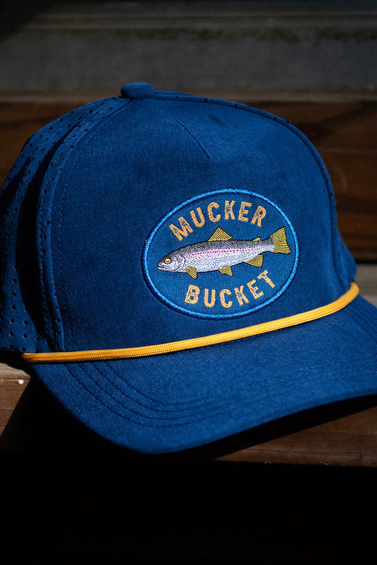 mucker bucket - rainbow trout blue bucket