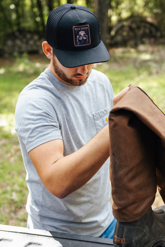 mucker bucket - black embroidered wild bacon og hog trucker hat