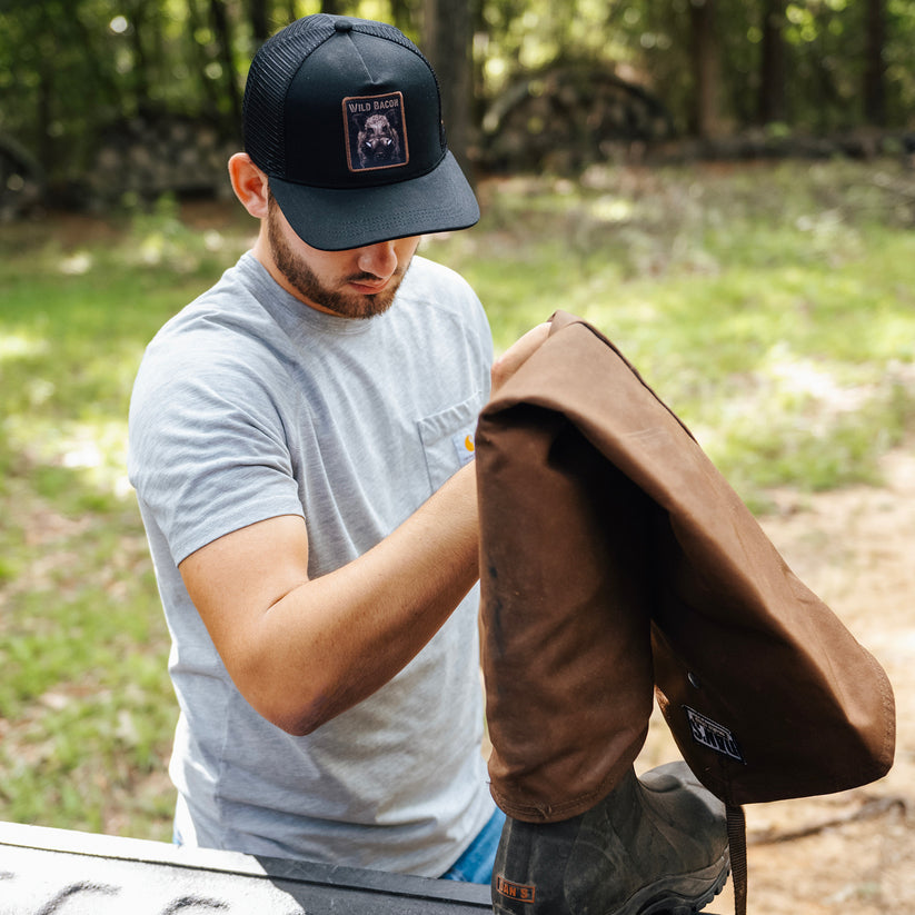 mucker bucket - black embroidered wild bacon og hog trucker hat