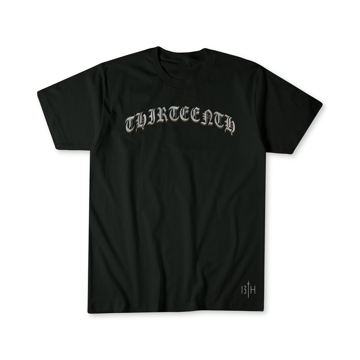 The 13th Mighty To Save Premium Tee is a black Christian shirt with THIRTEENTH in bold white letters on the chest and a small 13TH logo at the hem—perfect for those who love standout faith apparel.