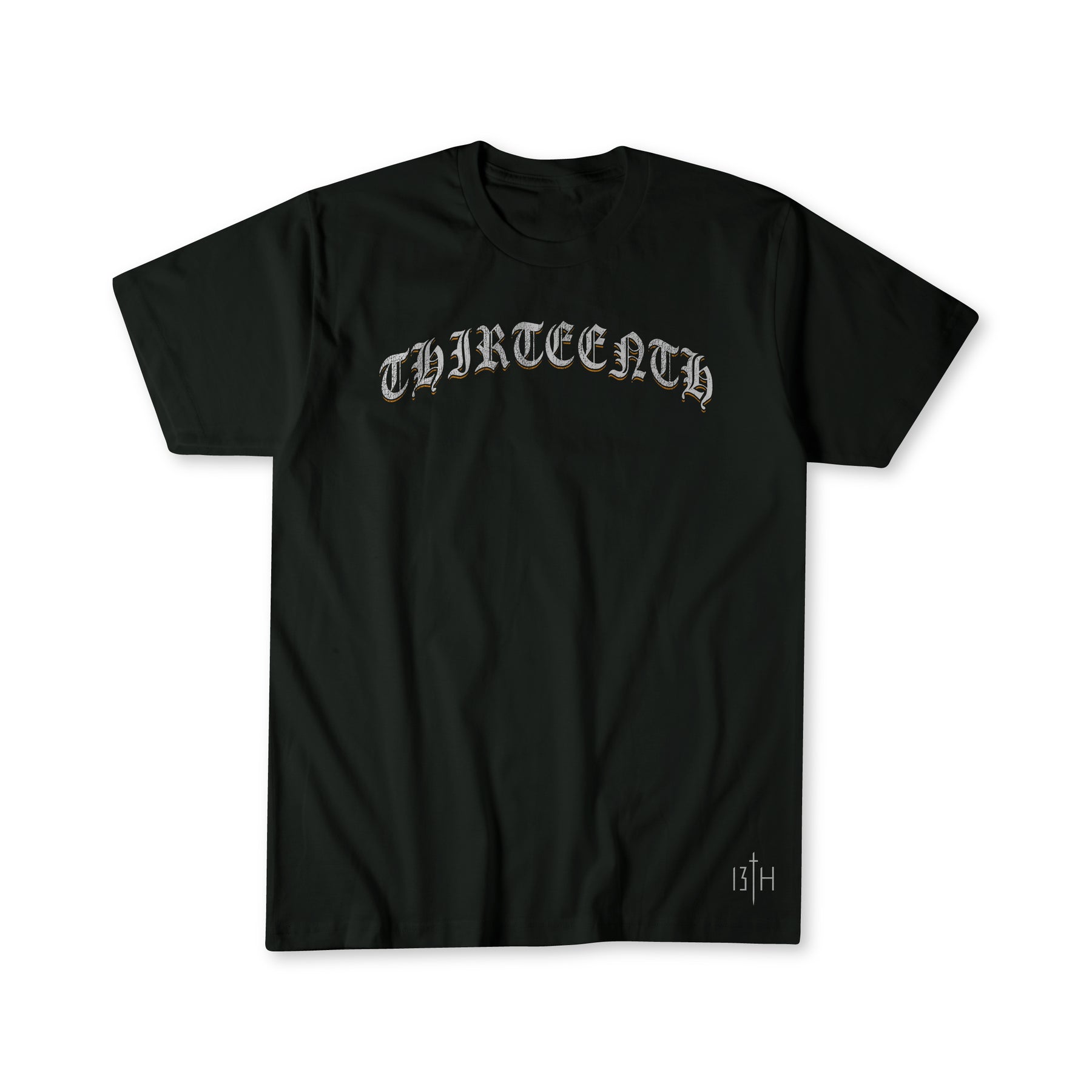 The 13th Mighty To Save Premium Tee is a black Christian shirt with THIRTEENTH in bold white letters on the chest and a small 13TH logo at the hem—perfect for those who love standout faith apparel.
