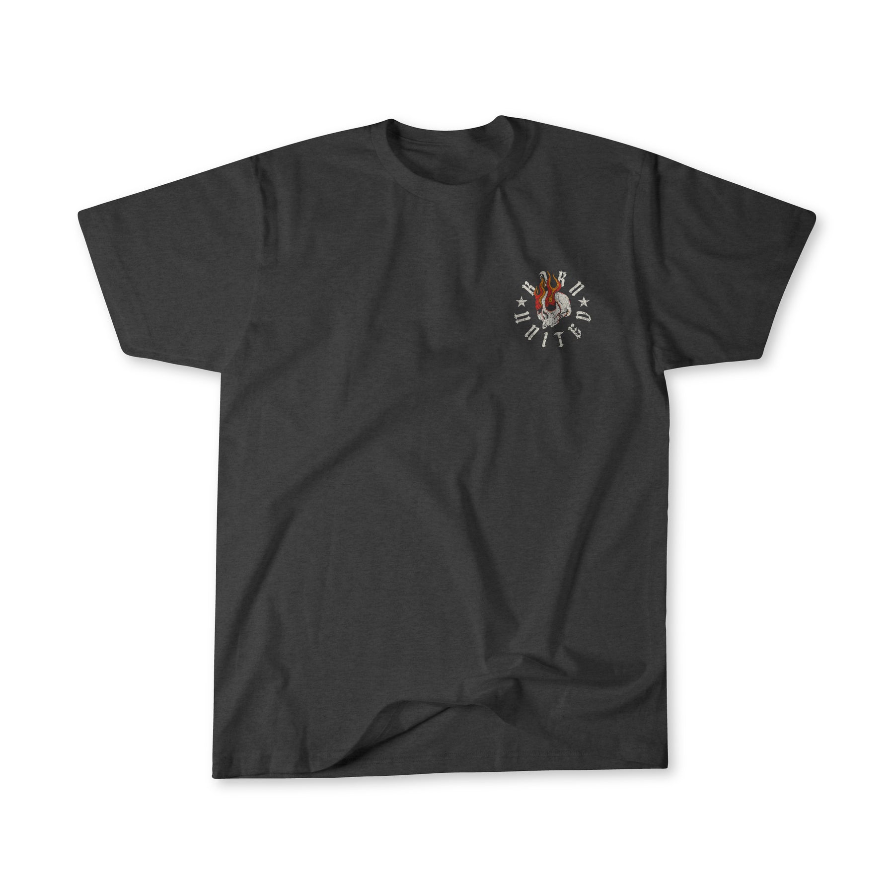 The Let The Darkness T-Shirt by Born United Private Label is dark gray with a small circular red and white graphic on the left chest, shown laid flat on a white background.