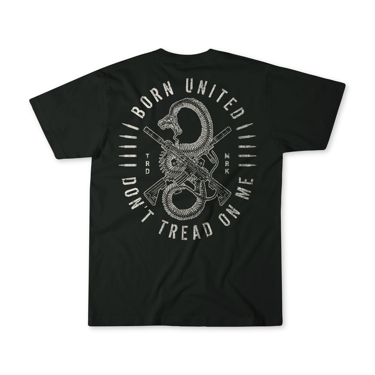 Black t-shirt with a coiled rattlesnake around a rifle, BORN UNITED above, and DONT TREAD ON ME below, by Born United Private Label.