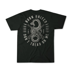 Black t-shirt with a coiled rattlesnake around a rifle, BORN UNITED above, and DONT TREAD ON ME below, by Born United Private Label.