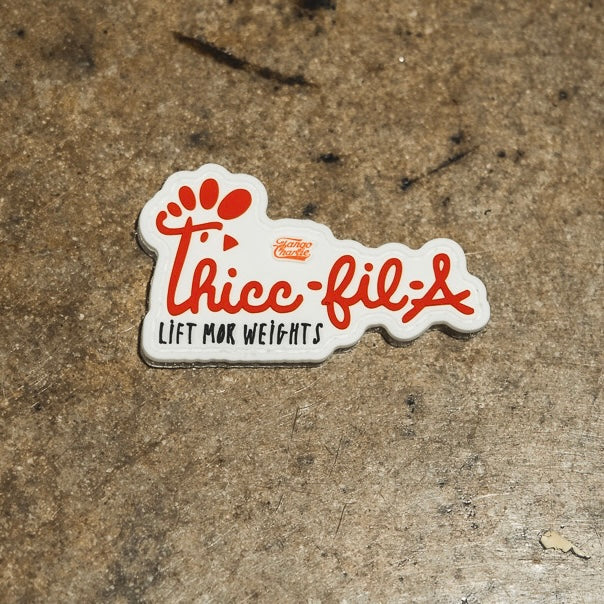 The Thicc-Fil-A Patch from Tango Charlie Apparel is a 3-inch patch featuring red script, a paw print design, and the phrase "Lift mor weights" in smaller text, perfect for textured surfaces.