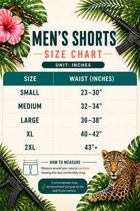 Tango Charlie Apparel Men's Performance Training Shorts | 5.5"- Tactimingo size chart: Small (23–30"), Medium (32–34"), Large (36–38"), XL (40–42"), 2XL (43"+) waist. Features tropical design with leopard, rifles, and measuring tip illustration.