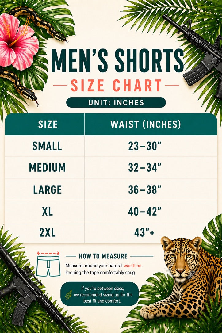 Tango Charlie Apparel Men's Performance Training Shorts | 5.5"- Tactical Tropic size chart (S-2XL) with waist measurements, tropical leaves, pink flower, two rifles & leopard. Features measuring instructions and a tip to size up if between sizes.