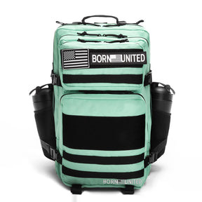 The Born United Private Label Mint Condition Premium Tac-Pac - 45L features black zippers, accents, American flag patches, BORN UNITED text on the front, and side pockets each holding a black water bottle.