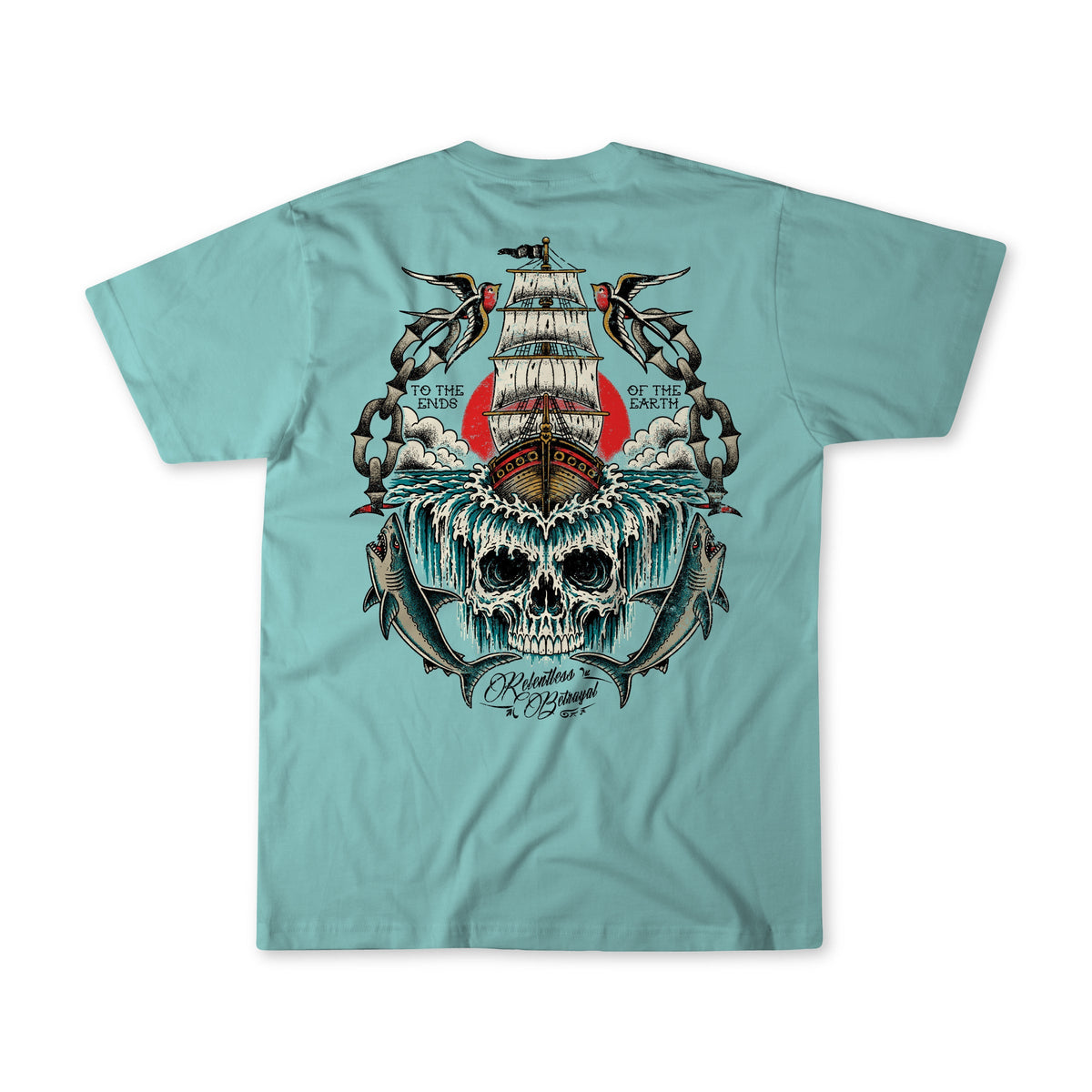 The To The Ends Of The Earth Premium T-Shirt by Relentless Betrayal is a unisex aqua tee crafted from 100% fine jersey cotton, featuring a bold graphic of a ship sailing above a large skull surrounded by sharks and birds. With the phrase “To the Ends of the Earth” printed on the back, this premium t-shirt blends comfort and striking style for your next adventure.