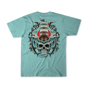 The To The Ends Of The Earth Premium T-Shirt by Relentless Betrayal is a unisex aqua tee crafted from 100% fine jersey cotton, featuring a bold graphic of a ship sailing above a large skull surrounded by sharks and birds. With the phrase “To the Ends of the Earth” printed on the back, this premium t-shirt blends comfort and striking style for your next adventure.