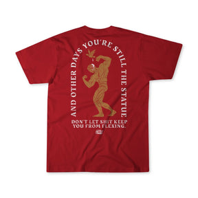 The St. Arnold The Stoic tee by Tango Charlie Apparel features a gold figure flexing with a pigeon on its head and the phrase "And other days you're still the statue." A funny, motivational shirt about perseverance!.