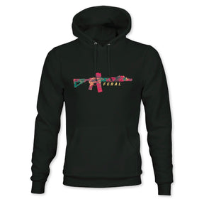 Introducing the Feral - Premium Hoodie by Tango Charlie Apparel, a black mid-weight hooded sweatshirt crafted from a comfortable cotton-polyester blend. Featuring a vibrant patterned rifle graphic above the bold “FERAL” lettering on the chest, this hoodie delivers standout style and premium quality for everyday wear.
