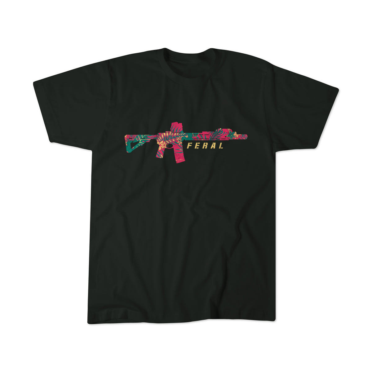 The Feral Tee by Tango Charlie Apparel is a unisex black shirt made from soft cotton/poly, featuring a colorful patterned rifle graphic above "FERAL" in yellow, centered on the chest for comfort and standout style.