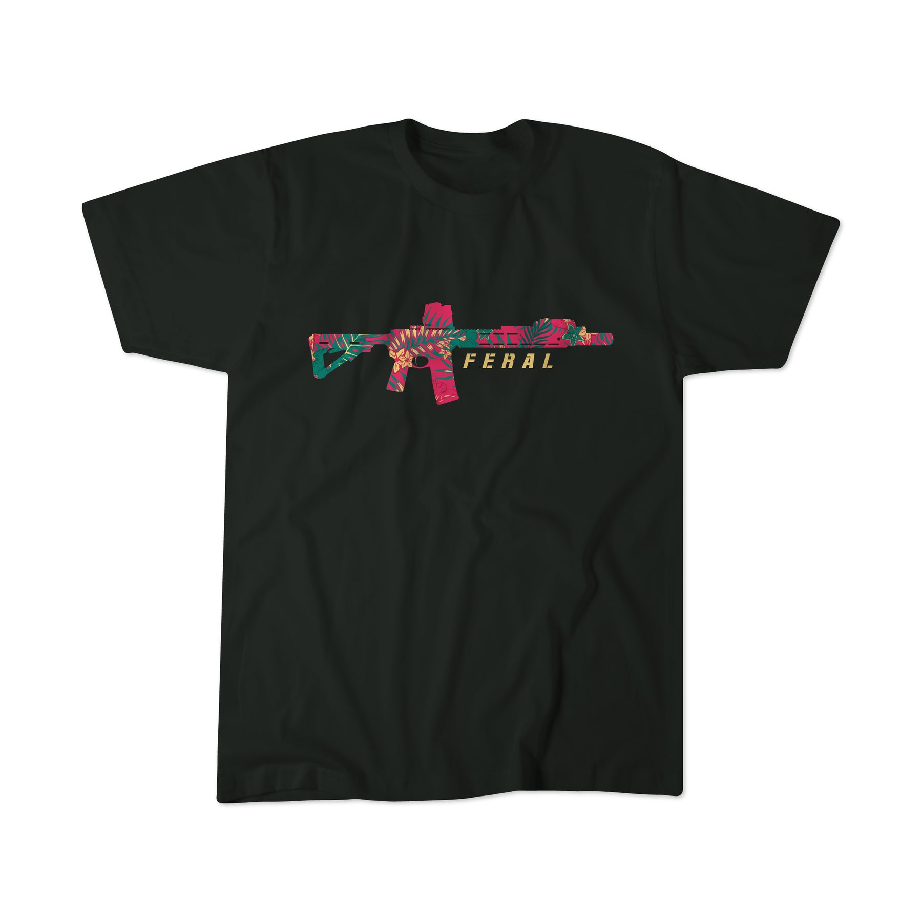 The Feral - Tee by Tango Charlie Apparel is a black shirt with a vibrant stylized rifle graphic in pink, green, and yellow, plus bold yellow "FERAL" text below—perfect for expressing wild authenticity.