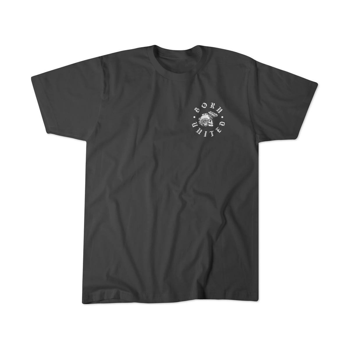 Fear Has No Hold Tee in black featuring a small white left chest graphic of a fearless skull in a helmet surrounded by the circular text BORN UNITED.