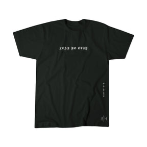 The 13th Fear Not Premium Tee features “FEAR NO EVIL” in bold white gothic font, vertical DELIVERER text, and a small BTH logo—faith-inspired by Isaiah 41:10 for spiritual empowerment.