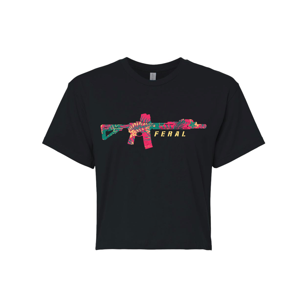The Feral Crop Tee - Black by Tango Charlie Apparel features a colorful assault rifle graphic with "FERAL" in yellow, printed on a comfy cotton-poly blend for standout style and comfort.