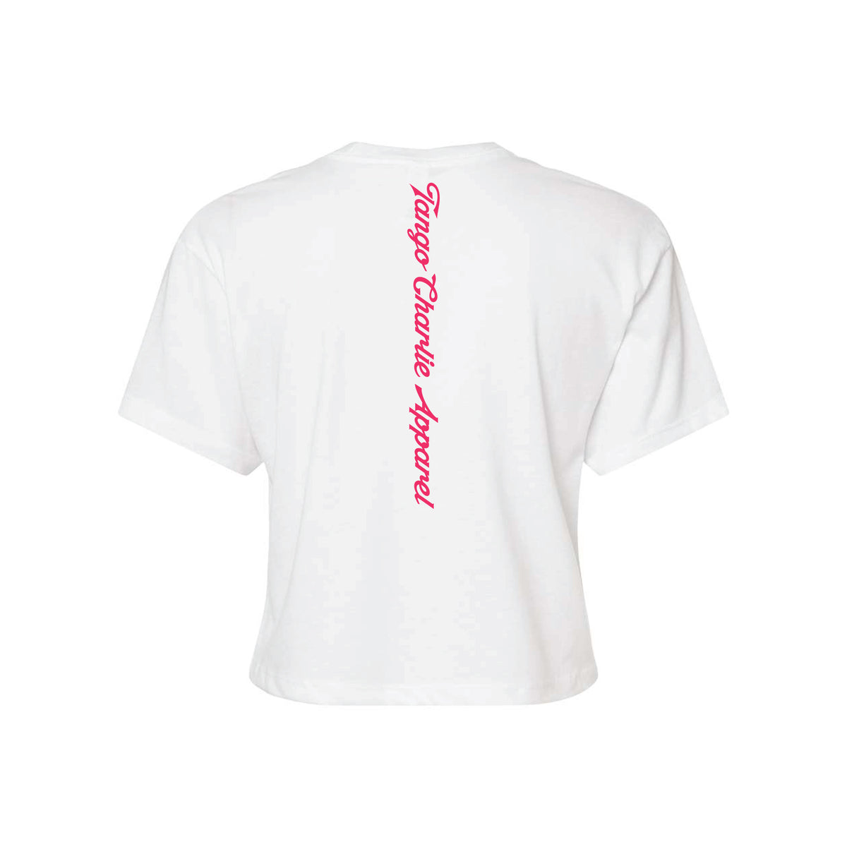 The Feral Crop Tee in white by Tango Charlie Apparel features "Tango Canine Apparel" in pink text down the back. Made from a comfyAF cotton-poly blend for all-day comfort, this short-sleeve tee is perfect for casual wear.