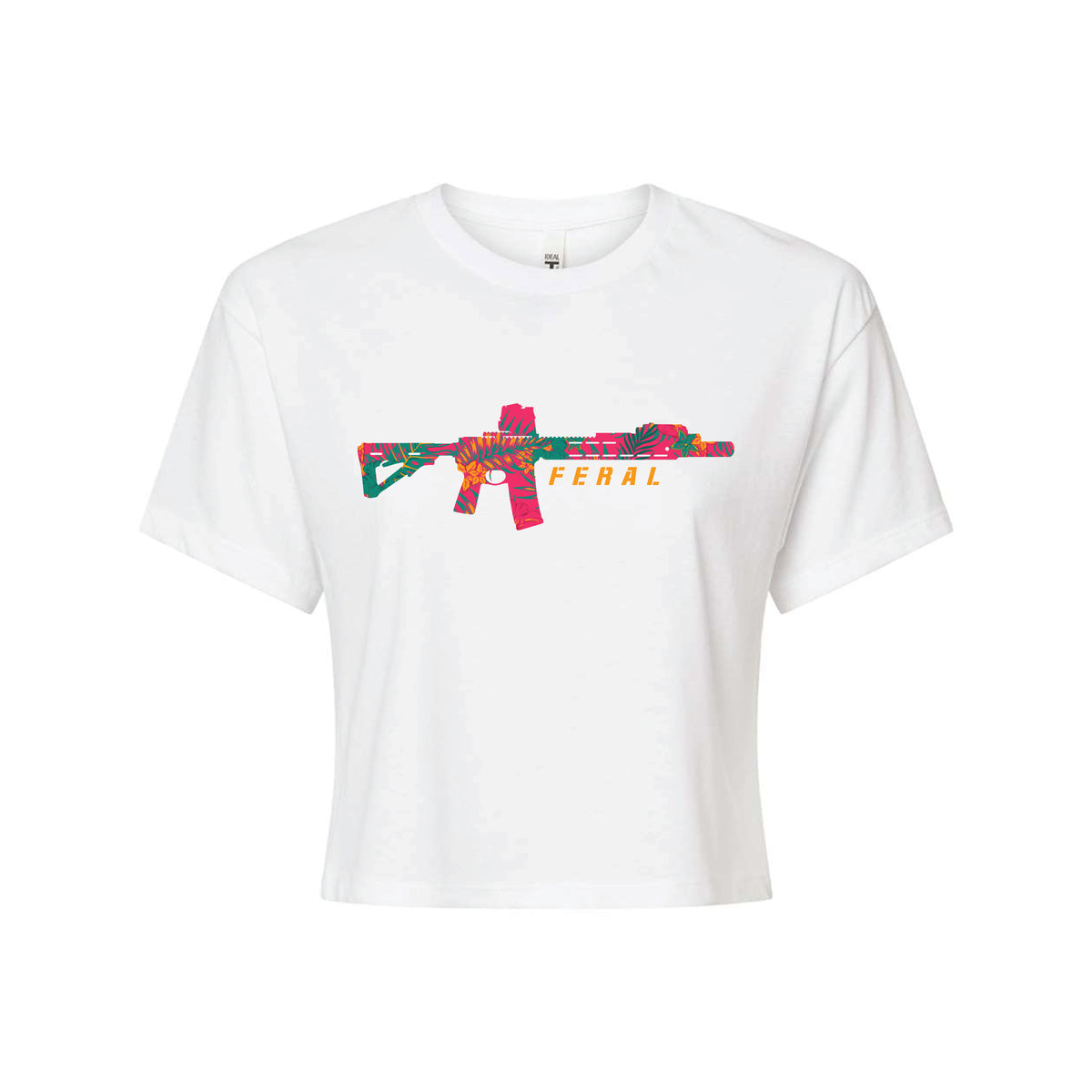 The Feral Crop Tee - White by Tango Charlie Apparel is a comfyAF white crop top with a colorful floral rifle illustration and bold, gradient "FERAL" lettering, made from a soft cotton-poly blend.
